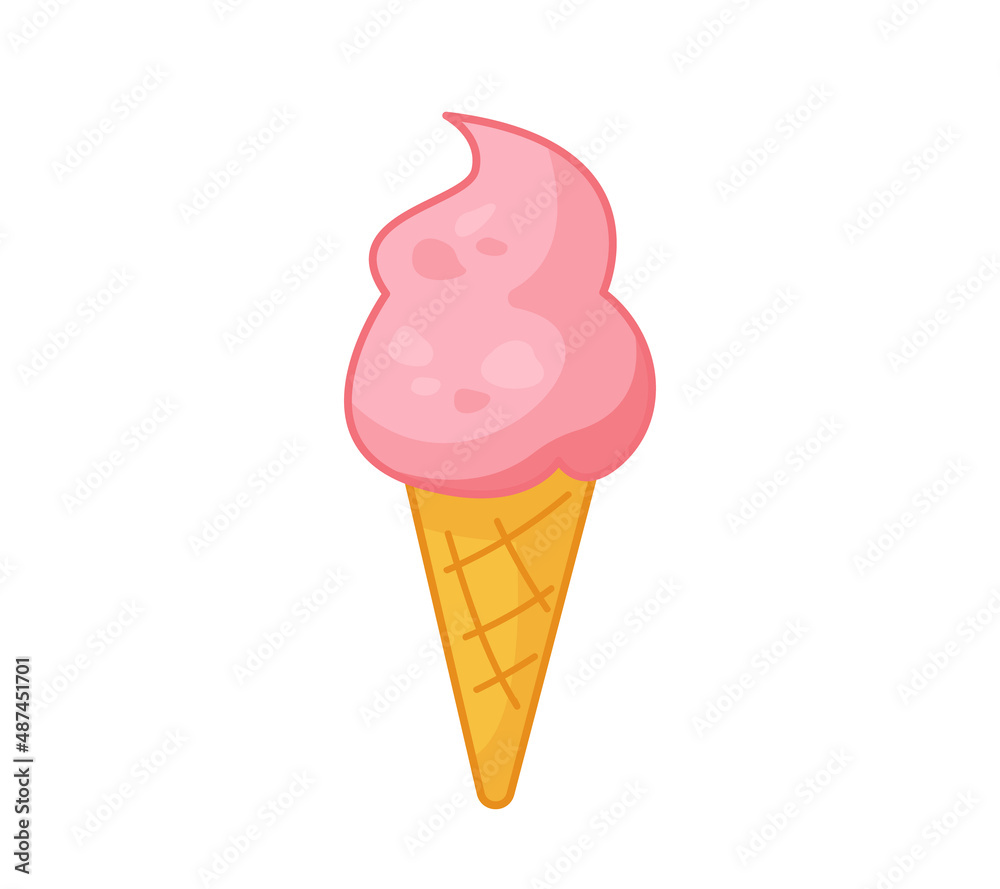 Pink strawberry ice cream in a waffle cone. Vector illustration of children's dessert in cartoon childish style. Isolated funny clipart on white background. cute print. Pink strawberry ice cream in a waffle cone. Vector illustration of children's dessert in cartoon childish style. Isolated funny clipart on white background. cute print.