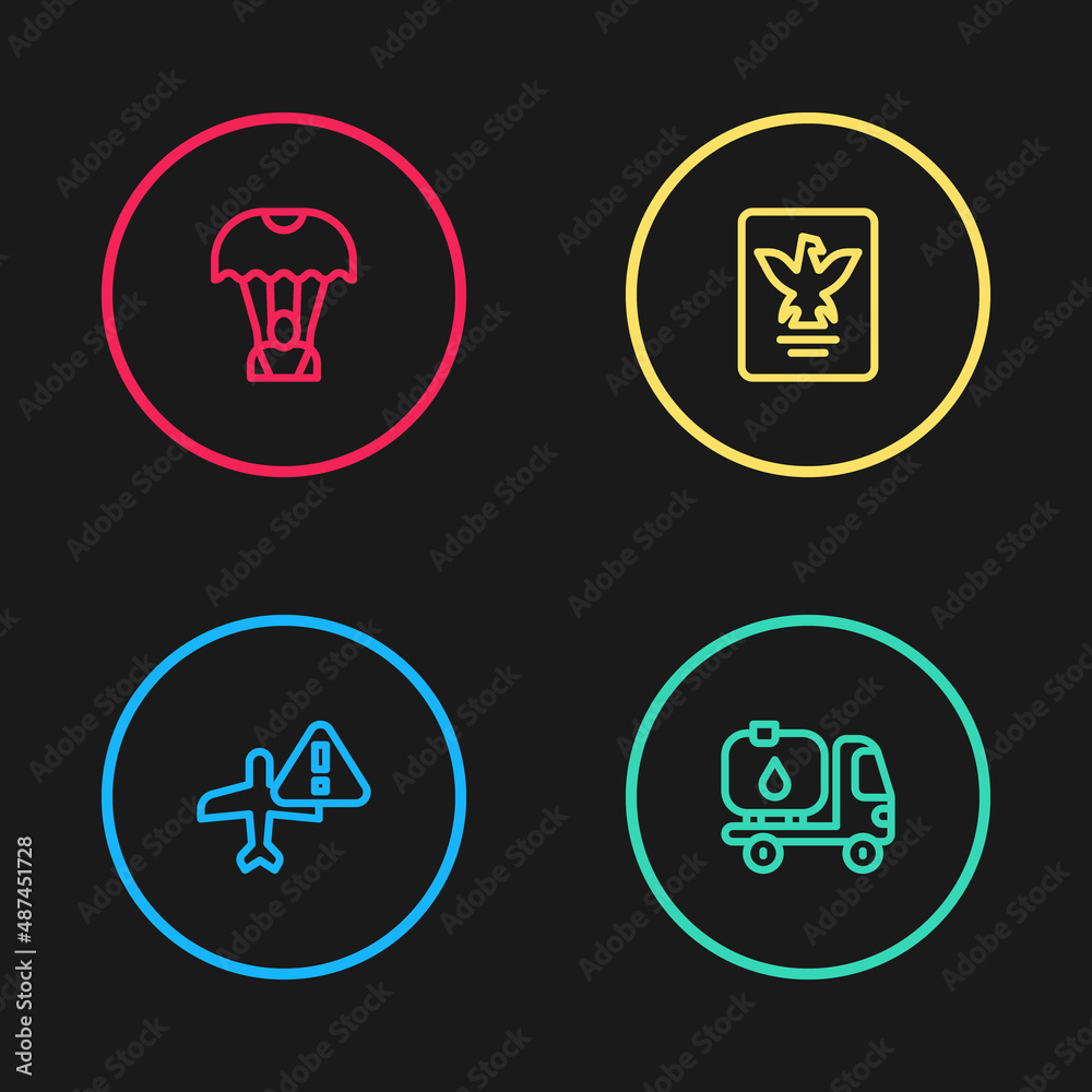 Set line Warning aircraft, Fuel tanker truck, Passport and Parachute icon. Vector