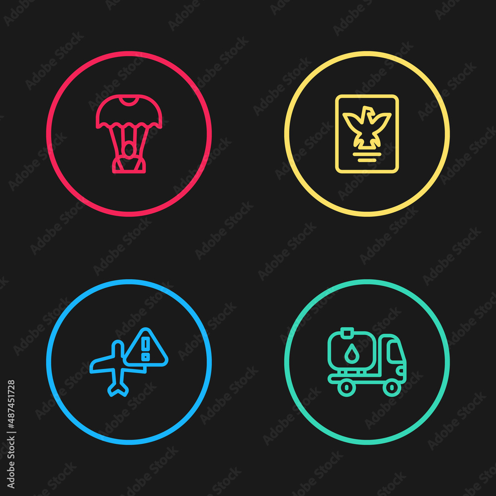 Set line Warning aircraft, Fuel tanker truck, Passport and Parachute icon. Vector Set line Warning aircraft, Fuel tanker truck, Passport and Parachute icon. Vector