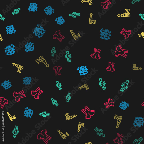 Set line Coral, Wetsuit for scuba diving, Fishing harpoon and on seamless pattern. Vector