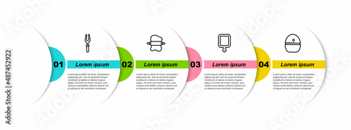 Set line Barbecue fork, Rolling pin on dough, Cutting board and Kitchen timer. Business infographic template. Vector