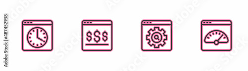 Set line Browser window, setting, Online shopping on screen and Digital speed meter icon. Vector