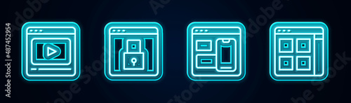 Set line Online play video, Secure your site with HTTPS, SSL, Web developer programming code and Browser files. Glowing neon icon. Vector