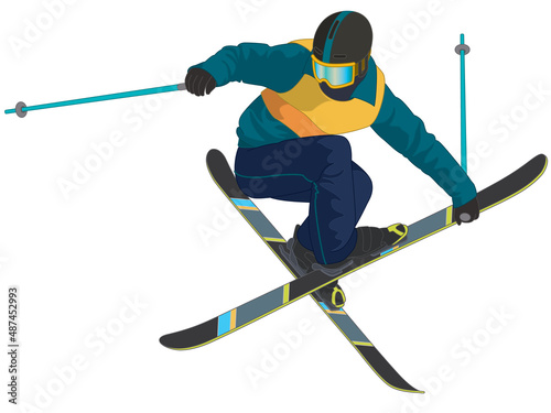 freestyle skiing, aerialist in mid-air isolated on a white background background