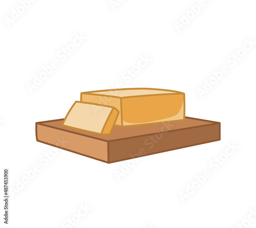 Butter or cheese on a wooden cutting board. Vector illustration in cartoon childish style. Isolated funny clipart on white background. cute print.