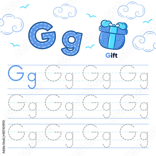 Alphabet worksheet letter G learning with cute gift drawing