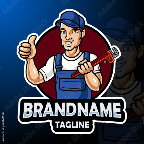 Cartoon plumber mascot design with wrench giving thumb up #487455146