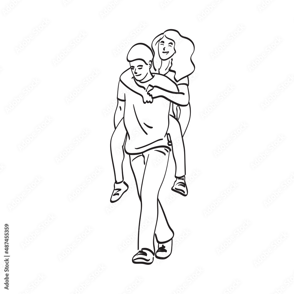 line art man carrying his girlfriend on back with piiggyback ride illustration vector hand drawn isolated on white background