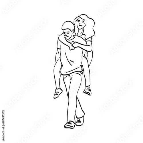 line art man carrying his girlfriend on back with piiggyback ride illustration vector hand drawn isolated on white background