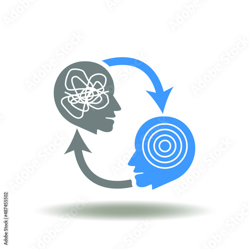 Vector illustration of head doodle task mind and head success solution with round arrows. Icon of empathy and sympathy. Symbol of success work process.