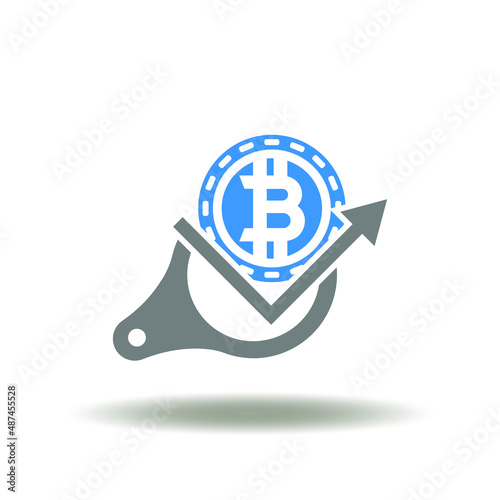 Vector illustration of magnifier with growth graph and bitcoin. Icon of bitcoin growing chart analysis. Symbol of cryptocurrency project report analytics.