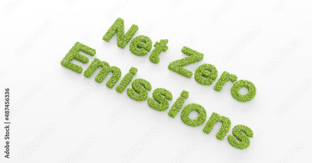 abstract 3D leaves forming Net Zero Emissions text on white background, reduce global CO2 by 2050 policy illustration, green renewable energy technology development for clean future environment abstract 3D leaves forming Net Zero Emissions text on white background, reduce global CO2 by 2050 policy illustration, green renewable energy technology development for clean future environment