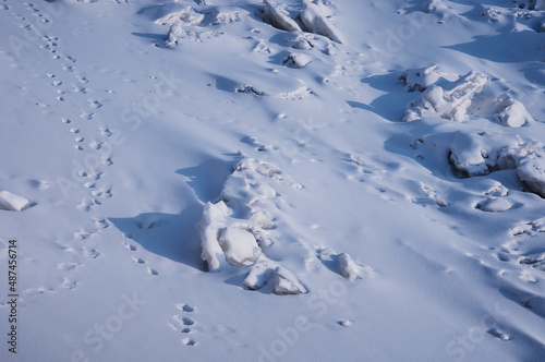 Animal tracks in the snow. Winter background. The surface of the river after a snowfall with fragments of ice floes.