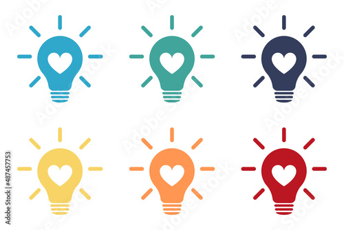 Light bulb, love, heart. Icon set