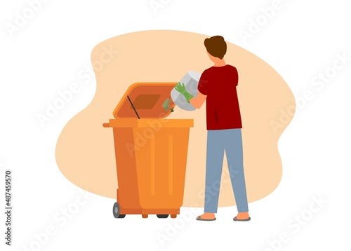 Man trowing garbage to the garbage bin. Simple flat illustration
