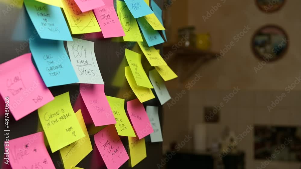 A young woman walks up to the refrigerator door, finds the note she needs, and tears off this sticker.