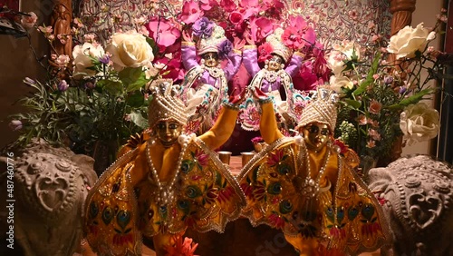 Altar in the Hare Krishna temple, close up. Deities. Home altar for deity worship. photo