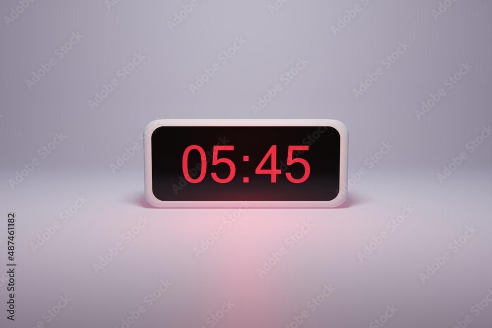 3d alarm clock displaying current time with hour and minute 05.45 5am - Digital clock with red numbers - Time to wake up, attend meeting or appointment - Ring bounce alarm clock background image 3d alarm clock displaying current time with hour and minute 05.45 5am - Digital clock with red numbers - Time to wake up, attend meeting or appointment - Ring bounce alarm clock background image