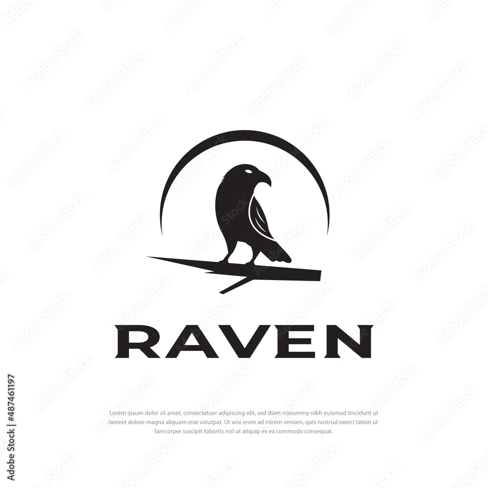 Obraz premium Logo Design Black Crow silhouette perched on a branch facing