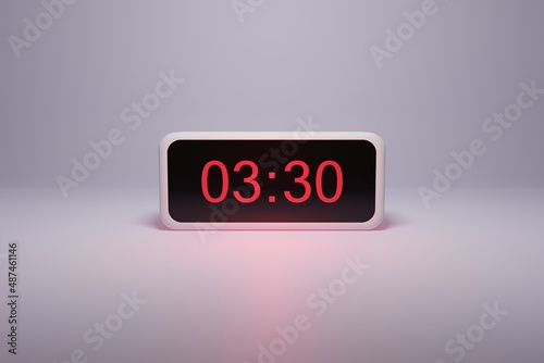 3d alarm clock displaying current time with hour and minute 03.30 3 am - Digital clock with red numbers - Time to wake up, attend meeting or appointment - Ring bounce alarm clock background image