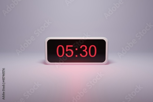 3d alarm clock displaying current time with hour and minute 05.30 5am - Digital clock with red numbers - Time to wake up, attend meeting or appointment - Ring bounce alarm clock background image