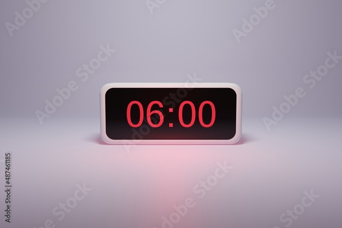 3d alarm clock displaying current time with hour and minute 06.00 6 am - Digital clock with red numbers - Time to wake up, attend meeting or appointment - Ring bounce alarm clock background image