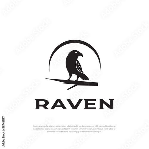 Logo Design Black Crow silhouette perched on a branch facing
