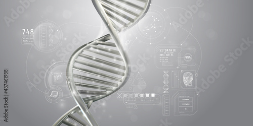 DNA spiral and genetic data infographics in light gray colors.
