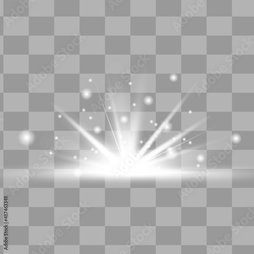 Glow isolated white light effect set, lens flare, explosion, glitter, line, sun flash and stars. Abstract special effect element design. Shine ray with lightning. Set of gold bright beautiful stars