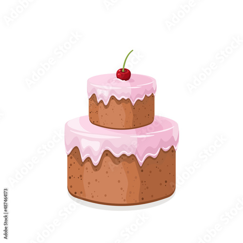 Tort z różową polewą i czerwoną wiśnią. Ciasto urodzinowe - piętrowe. Wektorowa ilustracja. Słodkie jedzenie, kolorowy pyszny deser na przyjęcie.