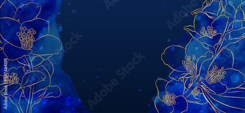 banner background of creative minimalist hand draw illustration floral outline blue flower, simple watercolor stain for wall decoration, postcard, brochure cover design or banner beauty web cite