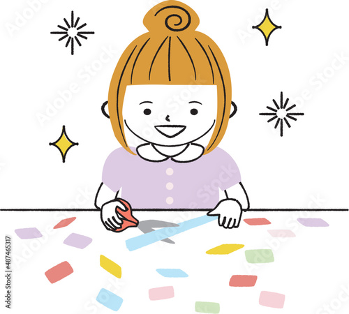 線画カラーイラスト 喜んで工作遊びをする女の子