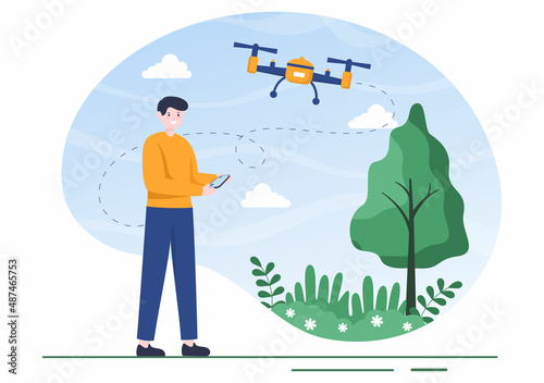 Drone with Camera Remote Control Driven Flying Over to Taking Photography and Video Recording in Flat Cartoon Background illustration