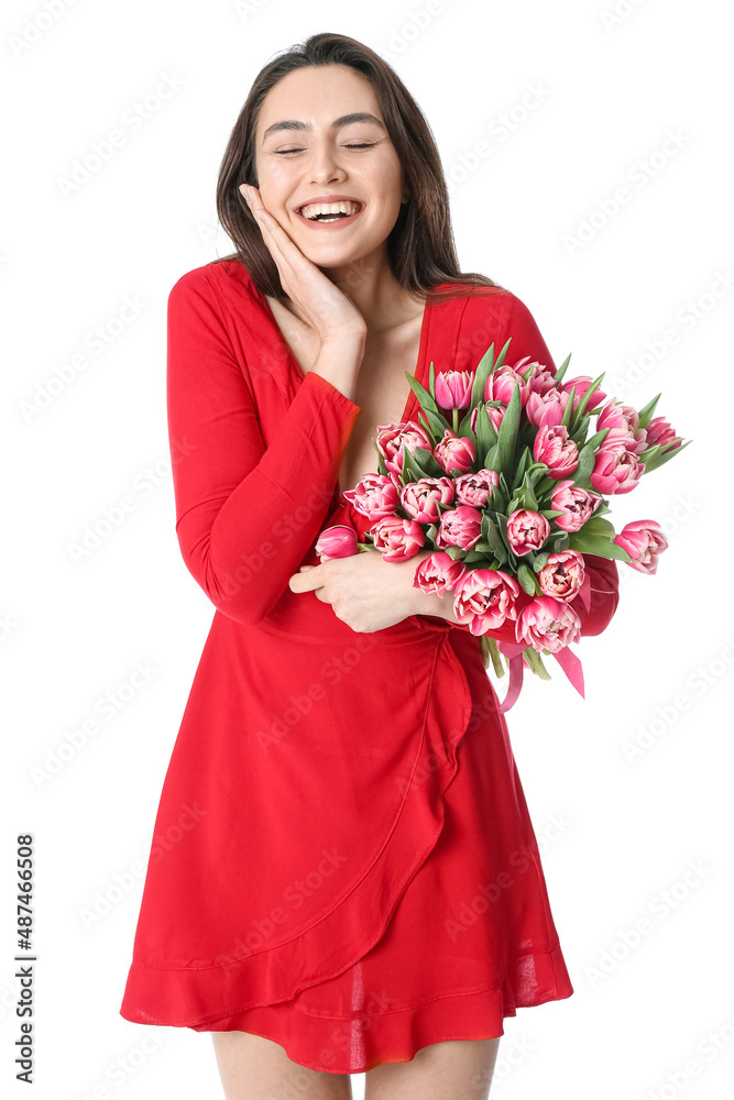 Pretty young woman with flowers on white background. International Women's Day celebration Pretty young woman with flowers on white background. International Women's Day celebration