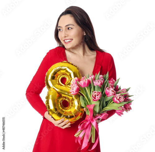 Smiling woman in red dress ...