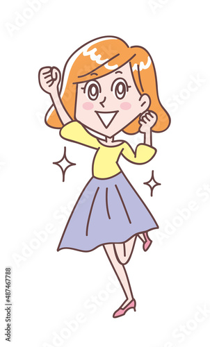 ガッツポーズで喜ぶ若い女性