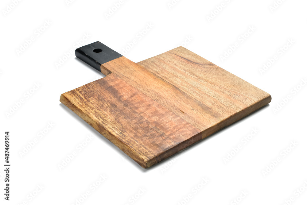 Fototapeta premium Wooden cutting board with black handle, kitchen utensil for food preparation, isolated on white background