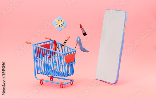 Gifts and phone, shopping online, 3d rendering.