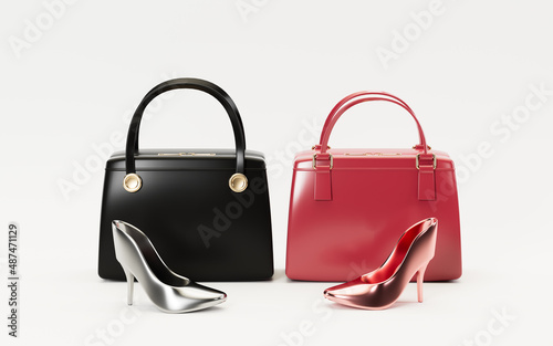 High-heeled shoes and handbags with white background, 3d rendering.