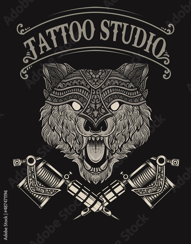 illustration wolf tattoo studio logo