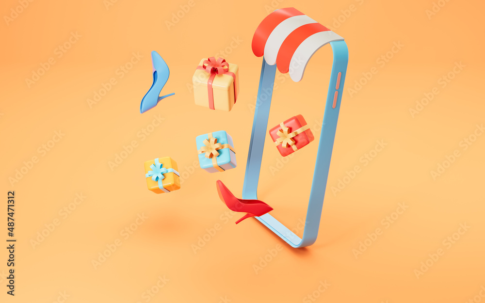 Gifts and phone, shopping online, 3d rendering.