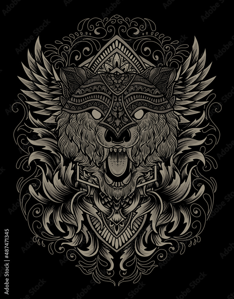 illustration wolf head engraving ornament style with mask