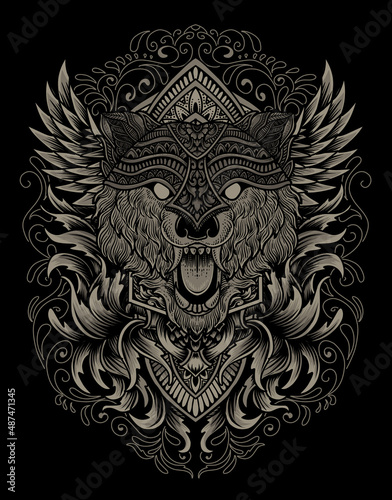 illustration wolf head engraving ornament style with mask