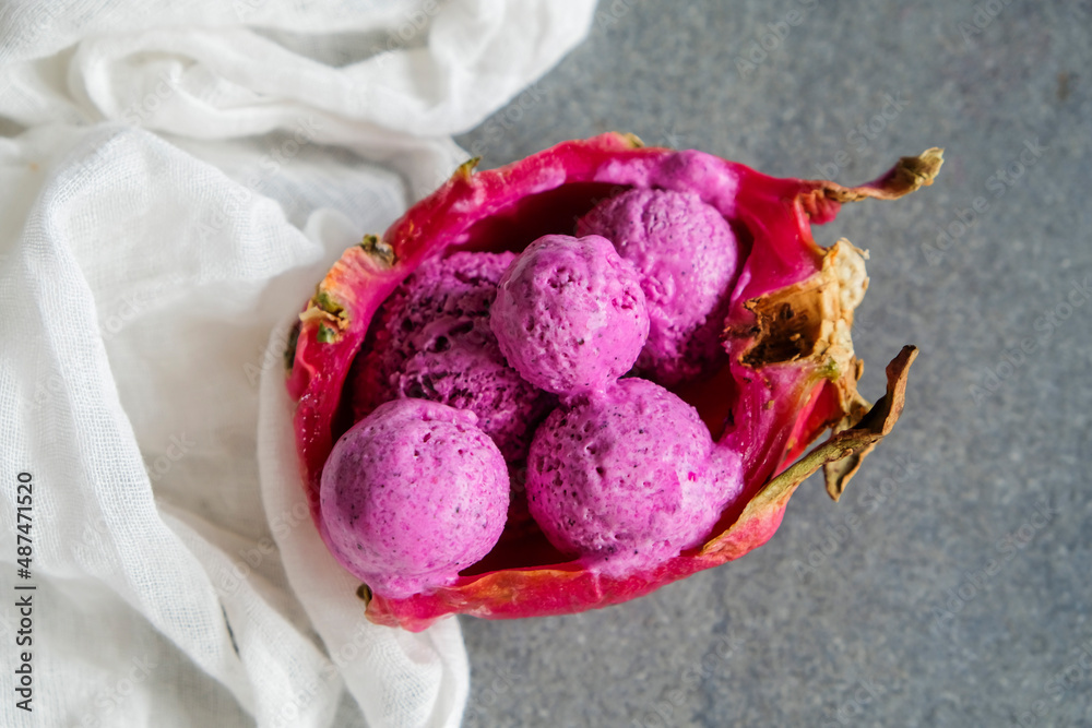 Delicious homemade dessert. Dragon Fruit Ice Cream. Healthy, made from fresh fruit, cream and whole milk with no sugar and salt added. Ideal for hot seasons. Delicious homemade dessert. Dragon Fruit Ice Cream. Healthy, made from fresh fruit, cream and whole milk with no sugar and salt added. Ideal for hot seasons.