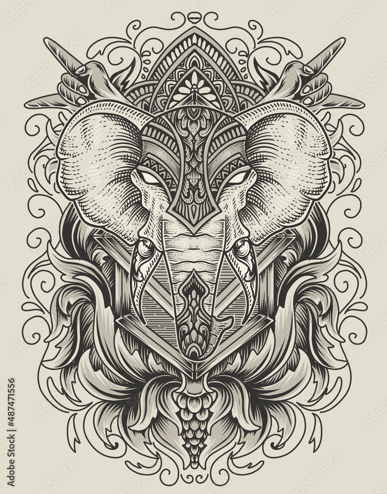 illustration elephant head engraving ornament style with mask