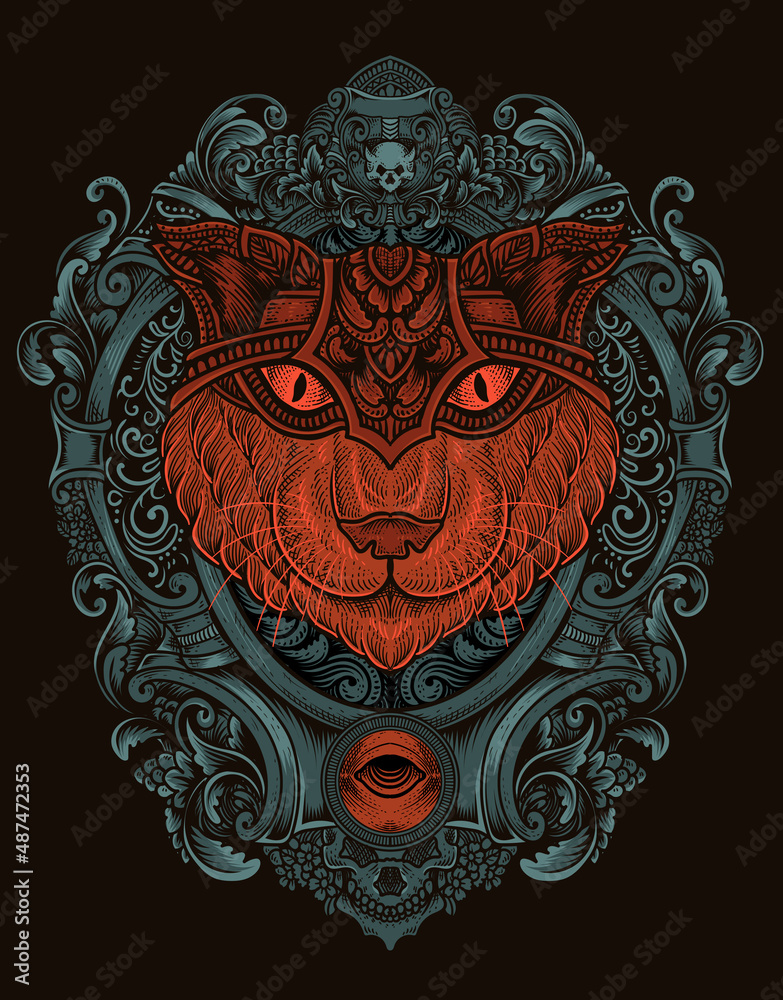illustration cat head engraving ornament style with mask