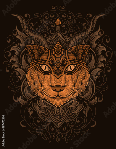 illustration cat head engraving ornament style with mask