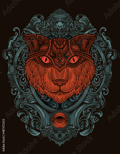 illustration cat head engraving ornament style with mask