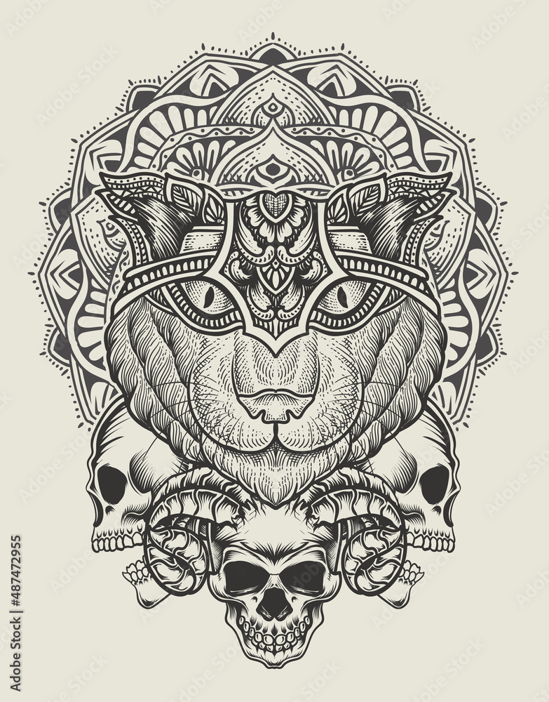Fototapeta premium illustration cat head engraving mandala style with mask