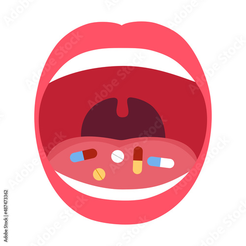 Medicine capsules and tablets in mouth flat design on white background. Take medicine concept vector Illustration.